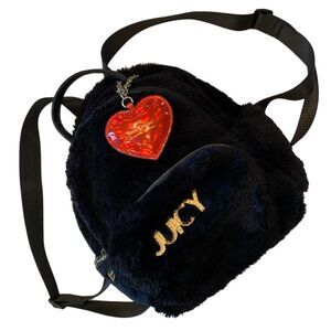 Juicy Couture Faux Furry Backpack Bag Red Heart Charm Valentines Clean Cute EUC
